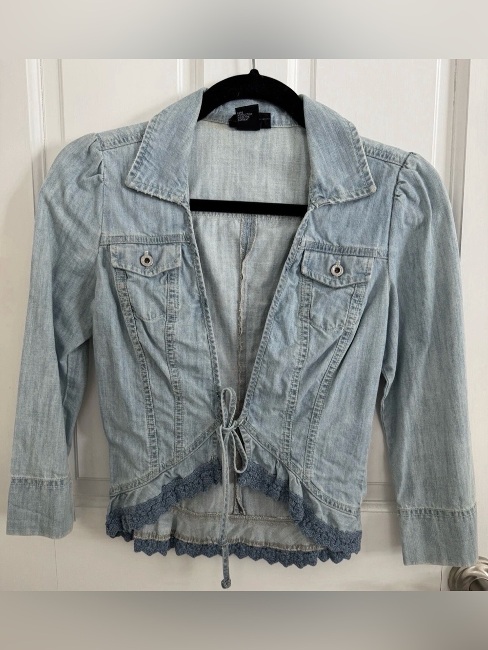 Diesel Light Blue Denim Tie-Front Jacket with crochet Lace Trim